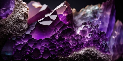 Vibrant purple amethyst geode rock, sparkling and lustrous crystals inside with striking textures and natural patterns - generative AI.	 - obrazy, fototapety, plakaty