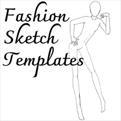 Fashion flats design sketch template.
Blank woman design. Black and white outline vector.