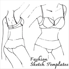 Fashion flats sketch template. Underwear woman design. Black and white outline vector.