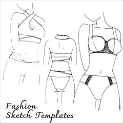 Fashion flats sketch template. Underwear woman design. Black and white outline vector.