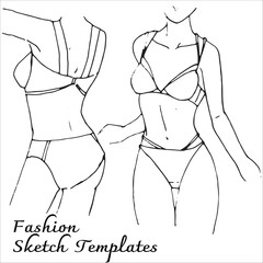 Fashion flats sketch template. Underwear woman design. Black and white outline vector.