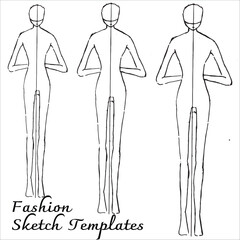 Fashion flats design sketch template.
Blank woman design. Black and white outline vector.