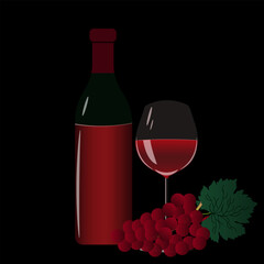 Glass and bottle of red wine with beautiful highlights and grapes on style black background. Banner template for the winery.