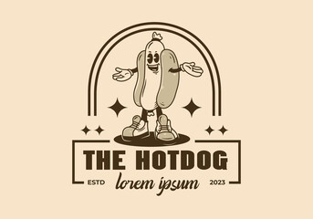 Mascot character design of standing hotdog badge