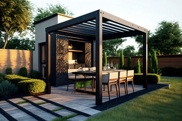 Modern patio furniture includes a pergola shade structure, an awning, a patio roof, a dining table, seats, and a metal grill. Generative AI