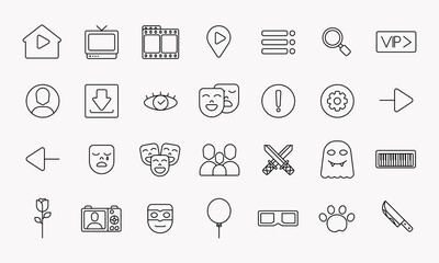 30 vector icons of movie watching app in outline style. Perfect for mobile application, website, etc.  