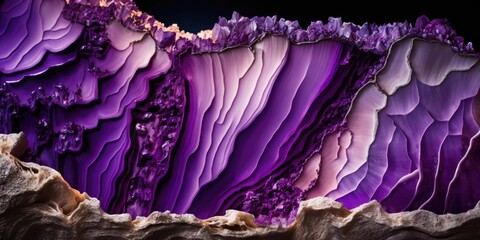 Vibrant purple amethyst geode rock, sparkling and lustrous crystals inside with striking textures and natural patterns, macro closeup - generative AI. - obrazy, fototapety, plakaty