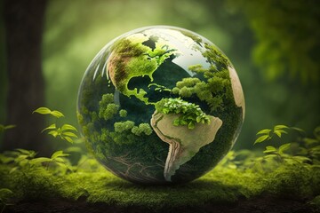 Obraz na płótnie Canvas Green world globe with natural green background (Generative AI)