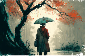 under the rain, a person holding an umbrella beside a tree, autumn style concept