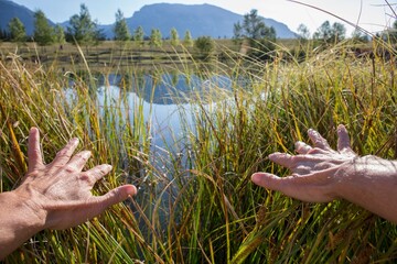 Hands pulls back grasses to reveal mountain lake