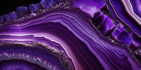Vibrant purple amethyst geode rock, sparkling and lustrous crystals inside with striking textures and natural patterns, macro closeup - generative AI. - obrazy, fototapety, plakaty