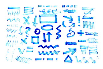 Various abstract lines and symbols drawn by hand on a white background