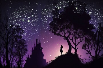 silhouette of a girl out in the woods looking off at a distant fairytale castle against a gorgeous starry night sky computer desktop background - obrazy, fototapety, plakaty