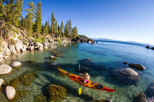 Kayaker in Secret Harbor, Tahoe, CA
