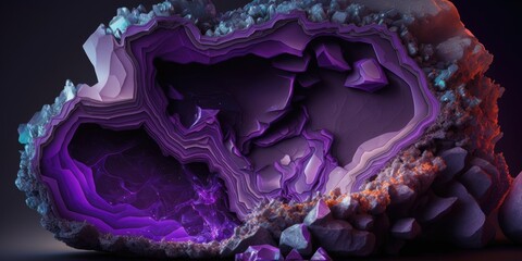Obraz premium Vibrant purple amethyst geode rock, sparkling and lustrous crystals inside with striking textures and natural patterns - generative AI. 