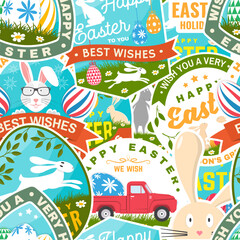 Naklejka premium Set of happy easter holidays colorful seamless pattern with easter rabbit and colourful eggs. Vector. Background, wallpaper, seamless pattern with easter Egg, green grass, bunny.