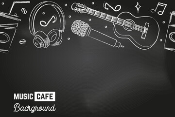 Seamless pattern with music instruments and coffee cup for music cafe, bar, pub. Music cafe background on the chalkboard. Vector illustration. Classical acoustic guitar, retro microphone, headphones