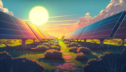 Solar farm with big sun during the sunrise or sunset. Green energy and renewable energy concept. Digital colorful cartoon image style. Digital illustration generative AI. 