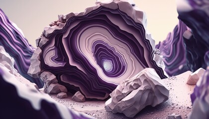 Vibrant purple amethyst geode rock, sparkling and lustrous crystals inside with striking textures and natural patterns - generative AI.	 - obrazy, fototapety, plakaty