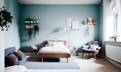 Modern bedroom interior with wooden bed, armchair and blue wall. Minimal decoration. Grey carpet. Generative AI