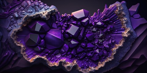 Vibrant purple amethyst geode rock, sparkling and lustrous crystals inside with striking textures and natural patterns - generative AI.	