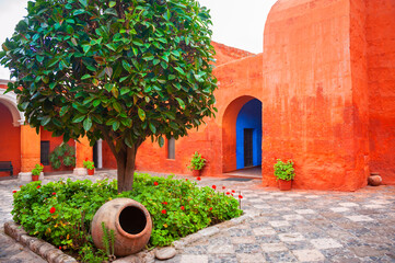 Colorful architecture of Santa Catalina monastery in Arequipa, Peru