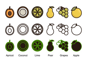 Healthy Food Icons. Pear, apple, coconut, lime, grape, apricot. Flat design vector illustration of fruit on white background. Color, black and white, dark icons