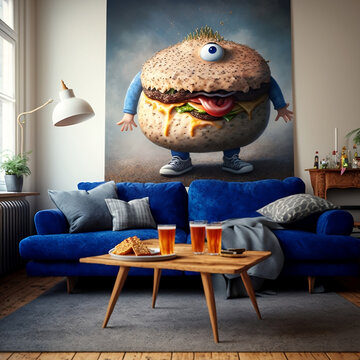 room interior, soft sofa with pillows, a table on which there are glasses of beer, a picture on the wall with a sandwich
