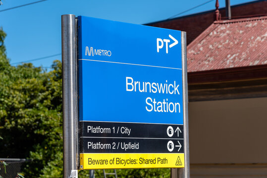 Northcote, Victoria, Australia, 18th February 2023: A Public Transport Victoria Sign for the Brunswick Train Station in the suburb of Brunswick
