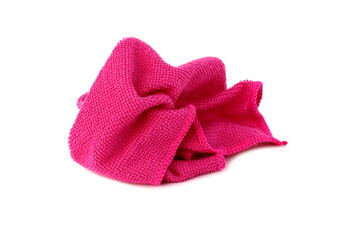 A pink cleaning rag lies on a white isolated background.