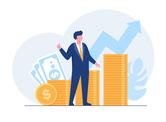 Growth money investment, passive income concept, business people, businessman investing, flat vector illustration for banner
