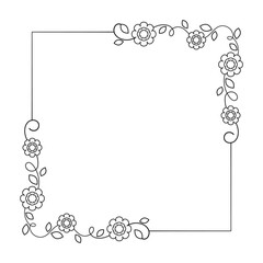 Botanical square frame. Hand drawn line border, leaves and flowers, wedding invitation and cards, logo design and posters template. Elegant minimal style floral vector isolated