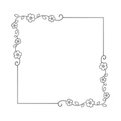 Botanical square frame. Hand drawn line border, leaves and flowers, wedding invitation and cards, logo design and posters template. Elegant minimal style floral vector isolated