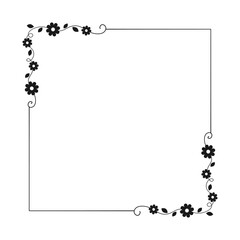 Botanical square frame. Hand drawn line border, leaves and flowers, wedding invitation and cards, logo design and posters template. Elegant minimal style floral vector isolated