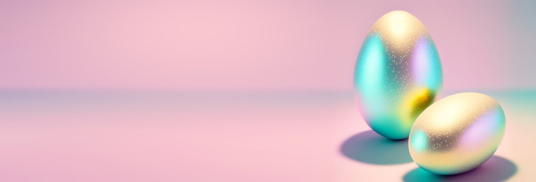 Opalescent painted eggs on a gradient banner. Easter minimal composition. Generative AI illustration