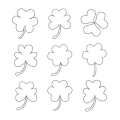 set of Shamrock lucky clover St. patrick’s day line art trefoil Irish vector.four leaf linear lineart holiday symbol. design element for sticker, logo, icon, t-shirt, banners, prints.
