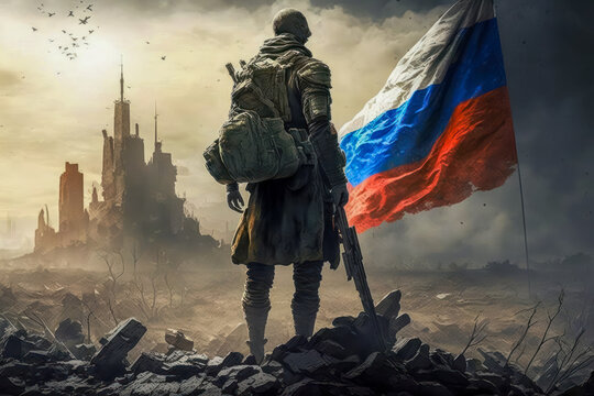 Russian soldier, observes a city destroyed by missiles. Generative AI.