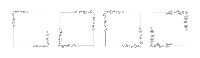 Botanical square frame set. Hand drawn line border, leaves and flowers, wedding invitation and cards, logo design and posters template. Elegant minimal style floral vector isolated