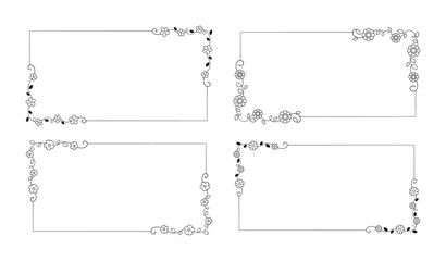 Floral rectangle frame set. Hand drawn line border, leaves and flowers, wedding invitation and cards, logo design and posters template. Elegant minimal style floral vector isolated