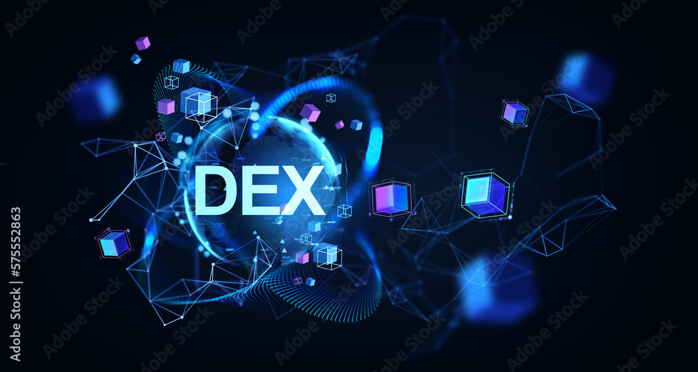 Poster dex and earth globe hologram with blockchain and information fields