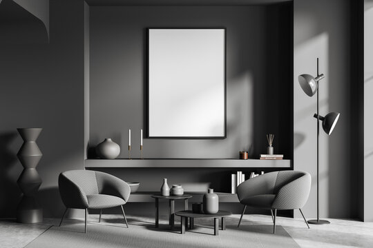 Grey living room interior with armchairs and decoration, mockup frame