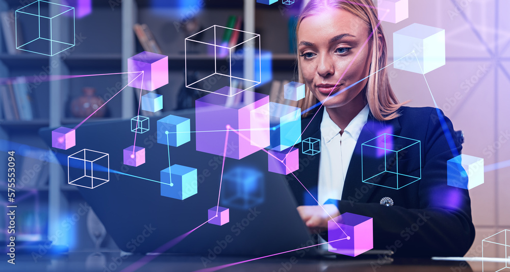Poster woman in office using blockchain interface
