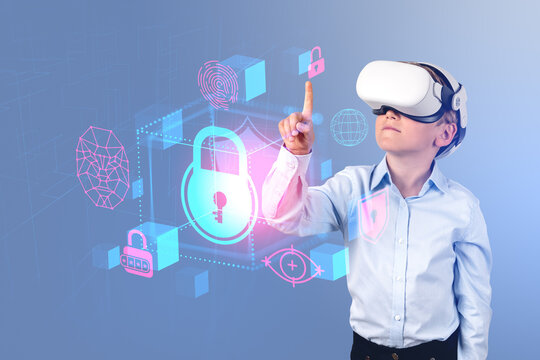 Child boy in vr glasses, finger touch cybersecurity hud with dat
