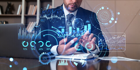 Businessman with smartphone, virtual screen with financial business data