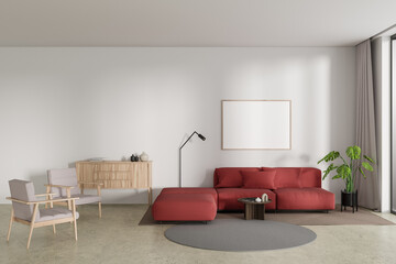 Front view on bright living room interior with empty poster