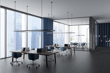 Business interior with conference room and workplace near panoramic window