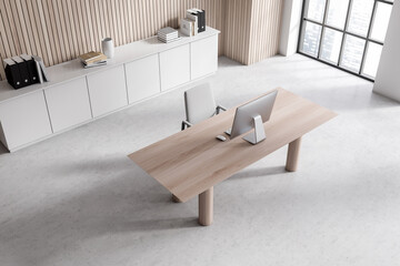 White and wooden CEO office with table, top view
