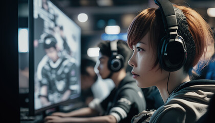 Asian Male and Female Gamers Reign Supreme in e-Sports. Generative AI illustration.