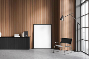 Modern living room interior with armchair and sideboard, mockup frame