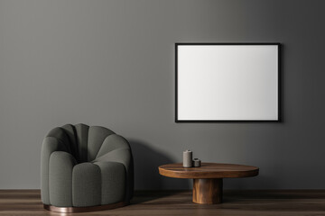Dark living room interior with empty white poster, armchair